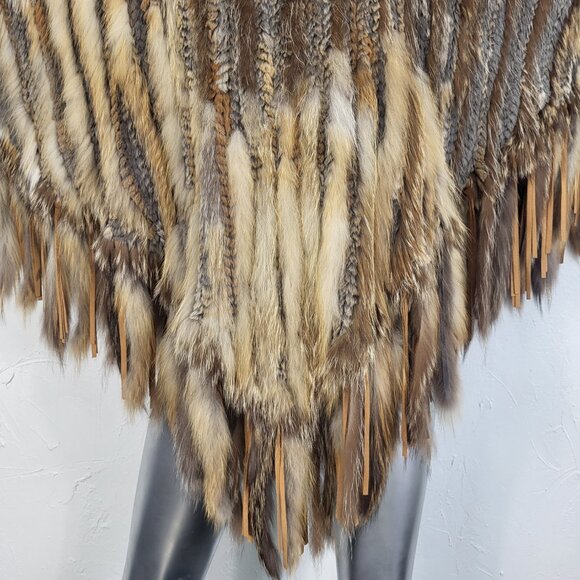 ALBERTO MAKALI~VINTAGE BROWN GENUINE FOX FUR REAL RABBIT HOODED PONCHO CAPE COAT - Picture 5 of 16